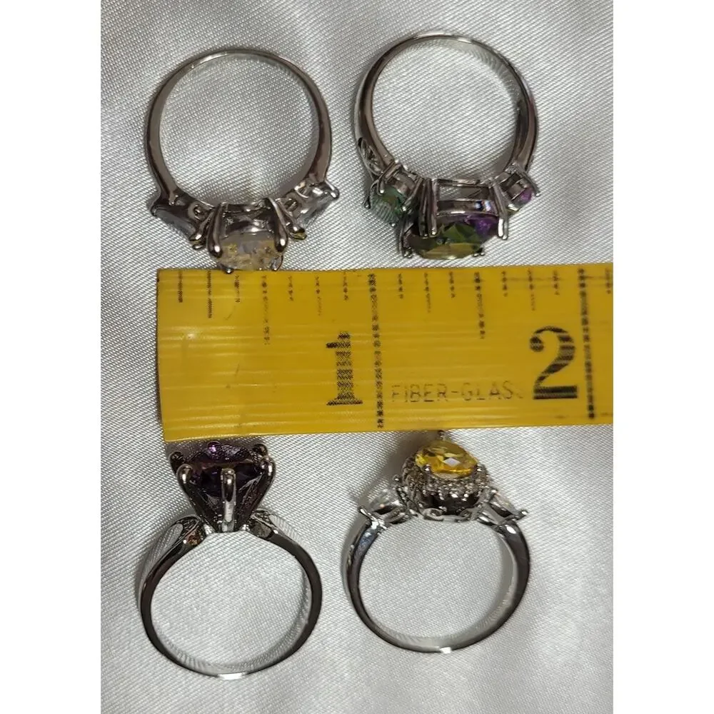 Womens Ring Lot Size 7.5 7.25 Statement Cocktail Crystal Purple Yellow Green